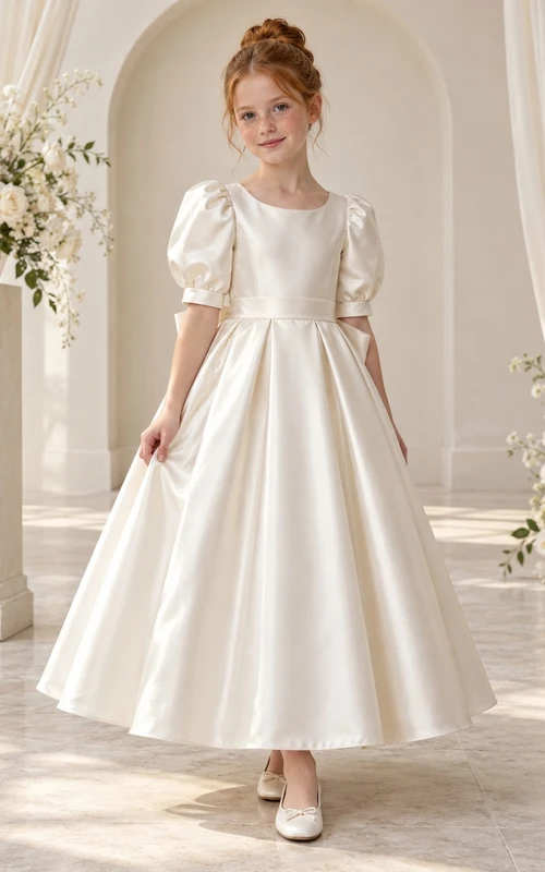 Vintage Simple Ivory A-line Satin Ankle-length Puff-sleeve Bow-back Flower Girl Dress