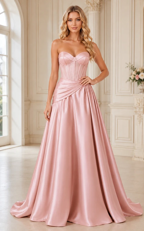 Perlmuttrosa trägerloses, herzförmiges, gerafftes Korsett-Abendkleid aus Satin in A-Linie, bodenlang