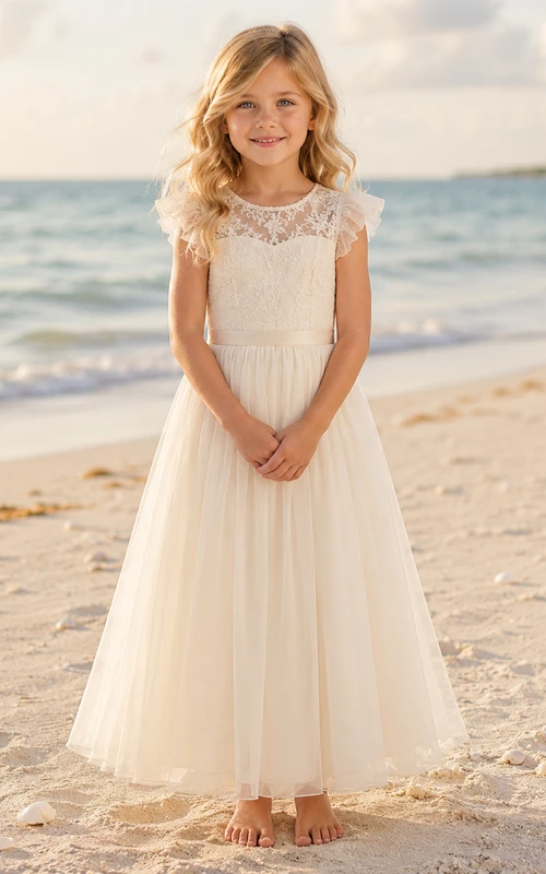 Tüllkleid für Blumenmädchen in A-Linie mit kurzen Spitzenärmeln, Rundhalsausschnitt und bodenlangem Rock