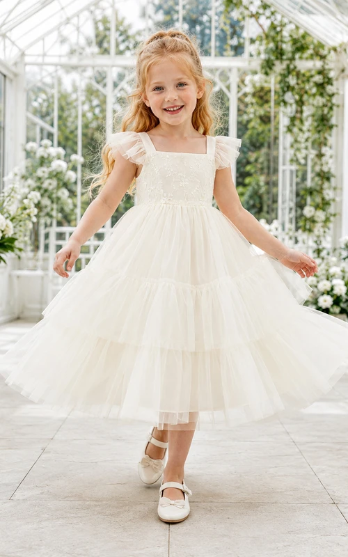 Flower Girl Dress Ivory Tulle A-Line Flutter Sleeve Square Neck Tea Length Ruffle Detail Tiered Skirt