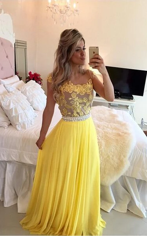 Zartes gelbes Chiffon-Abendkleid mit Perlen und Spitzenapplikationen