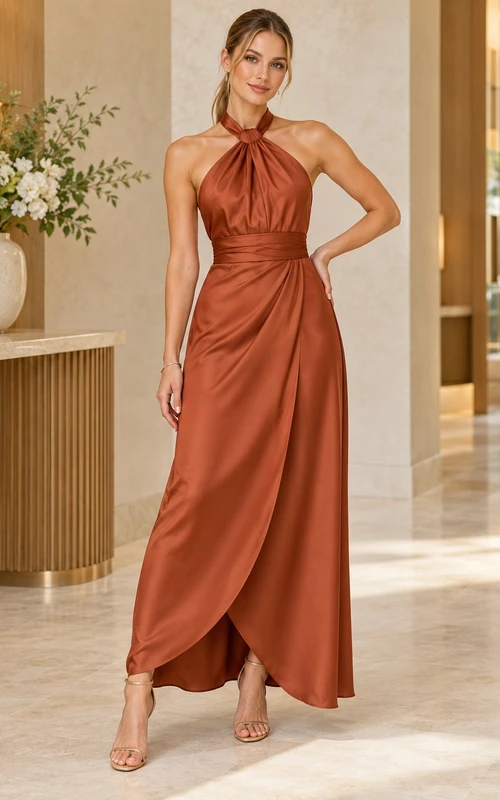 Rust Twisted Halter Satin Wrapped Ankle-length Wedding Guest Dress
