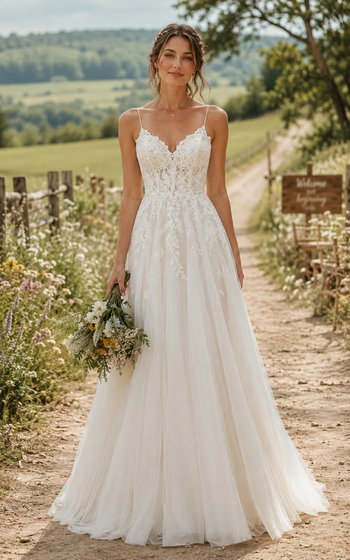 Vestido de novia bohemio de corte A con encaje, tirantes finos y espalda con cordones.