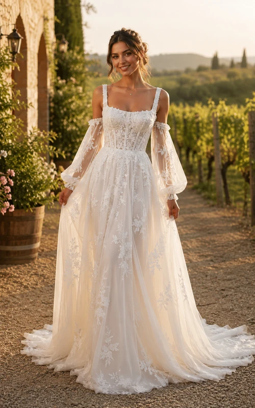 Boho-Brautkleid in A-Linie, schulterfrei, kurze Ärmel, eckiger Ausschnitt, Tüll, Spitzenapplikationen, bodenlang, Kapellenschleppe, Elfenbein