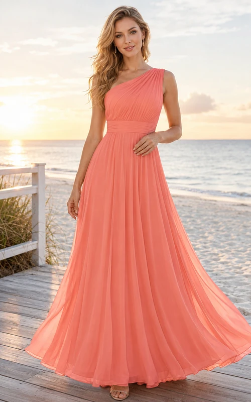 Robe longue de plage plissée asymétrique en mousseline corail à une épaule