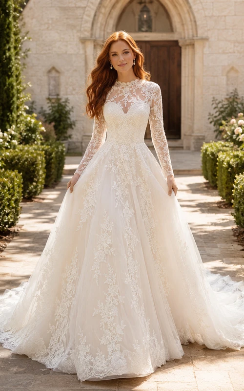 Classic Long Sleeve Lace Ball Gown Chapel Bridal Dress