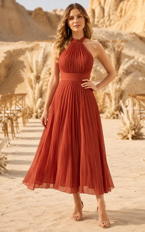 Vermilion Halter Pleated Chiffon A Line Tea Desert Wedding Guest Dress