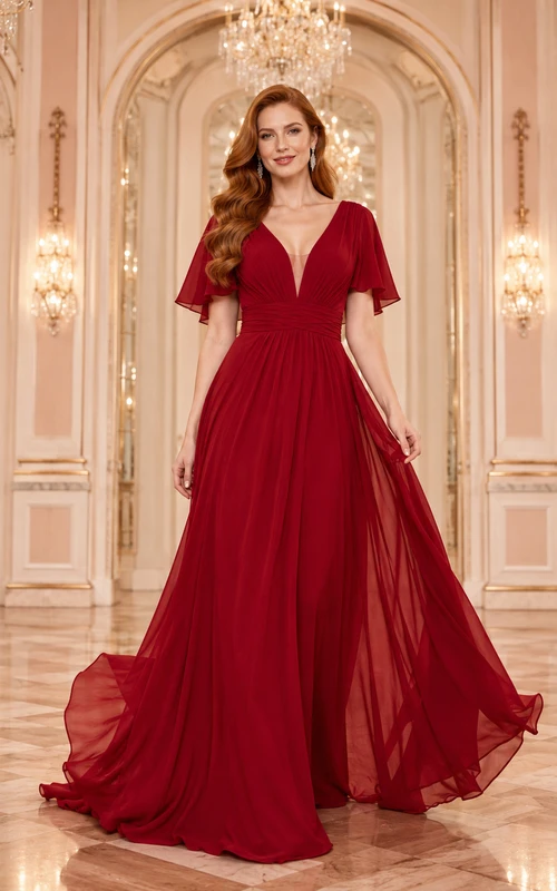 Rotes Chiffon-Abendkleid mit flatternden Ärmeln, V-Ausschnitt und A-Linien-Schnitt