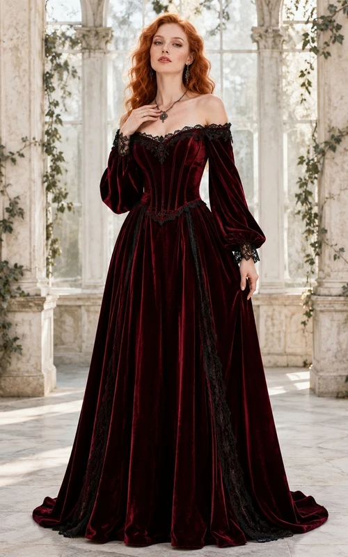 Vintage Burgundy Off-Shoulder Long Bell Sleeve Velvet A-Line Gothic Gown