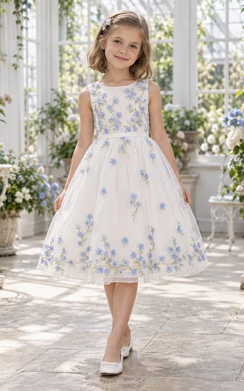 Tea-length Ivory Sleeveless Blue Floral Border Tulle A-line Flower Girl Dress