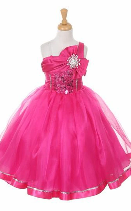 Brosche Teelanges, gestuftes Pailletten- und Organza-Blumenmädchenkleid mit Schleife und Schärpe