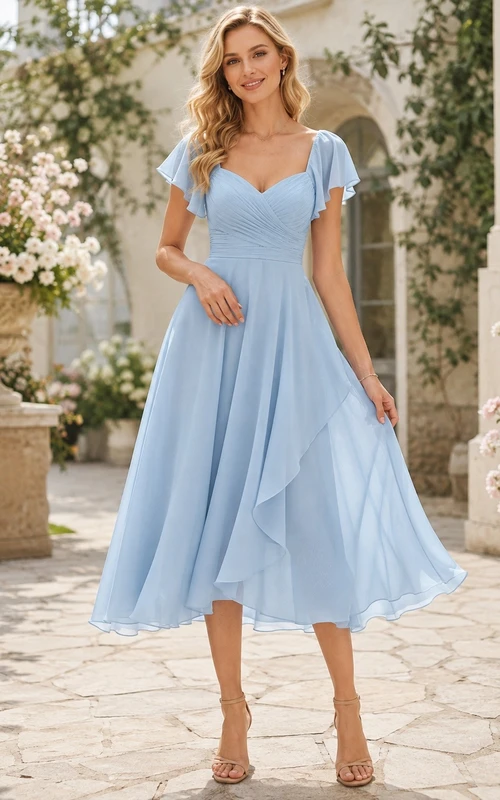 Teelanges, hellblaues Chiffon-Gartenkleid mit herzförmigem Volantärmeln und A-Linien-Schnitt
