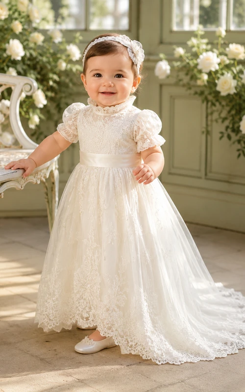 High Neck Baptism Gown A-Line Lace Tulle Short Sleeve Sweep Train