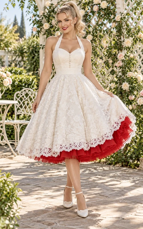 Rockabilly-Neckholder-Spitzenkleid in Teelänge mit rotem Unterrock im Stil der 1950er Jahre