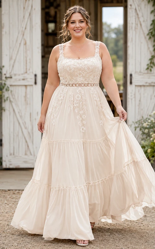 Vestido de novia bohemio de encaje y tul, corte en A, escote cuadrado, sin mangas y cola larga.