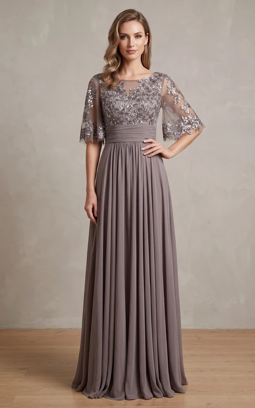 Ätherisches, bodenlanges Chiffon-Abendkleid in A-Linie mit halben Ärmeln, Reißverschluss und Pailletten