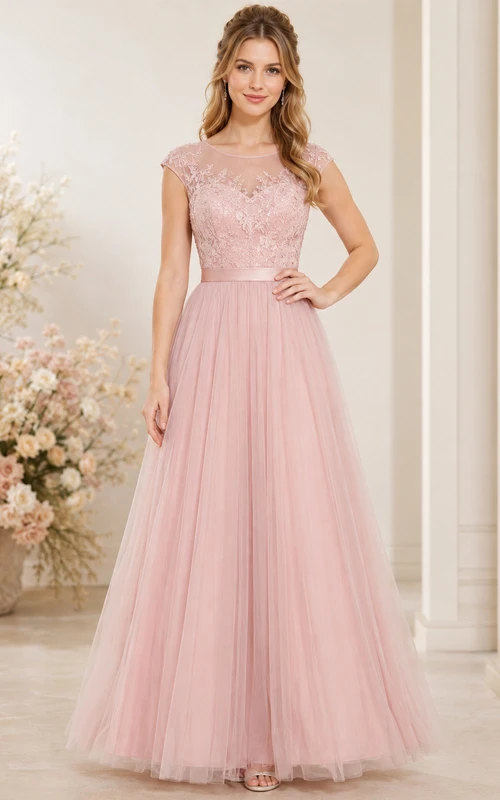 Vestido de dama de honor largo hasta el suelo, de corte A, color rosa empolvado, con cuello joya, mangas cortas y encaje de tul.