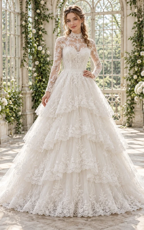 Modest High Neck Long Sleeve Tiered Lace Ball Gown Wedding Dress