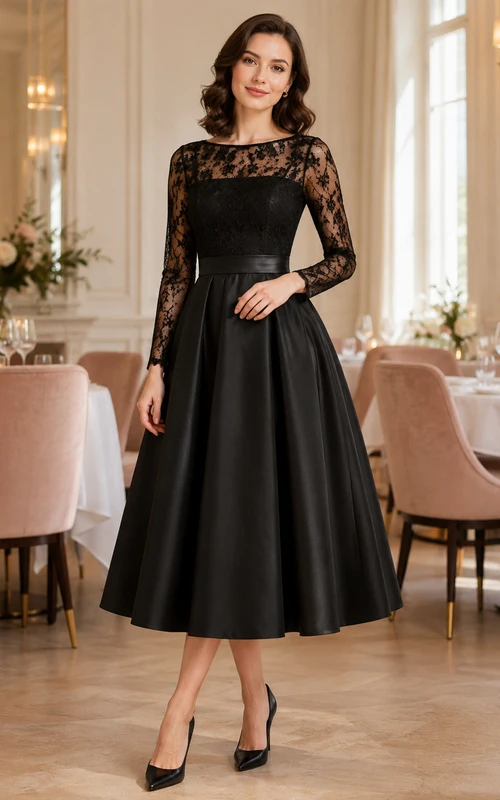 Robe de cocktail/thé modeste à manches longues en dentelle illusion noire
