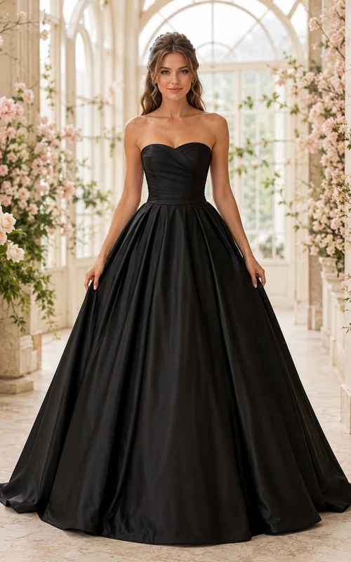 Vestido de noche de lujo negro sin tirantes y sin mangas, de satén, largo hasta el suelo.