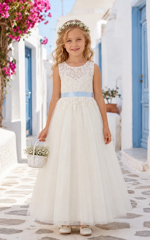 Elegante y adorable vestido de niña de las flores con cuello joya, sin mangas, de encaje y tul, largo hasta el suelo, con cinta azul.