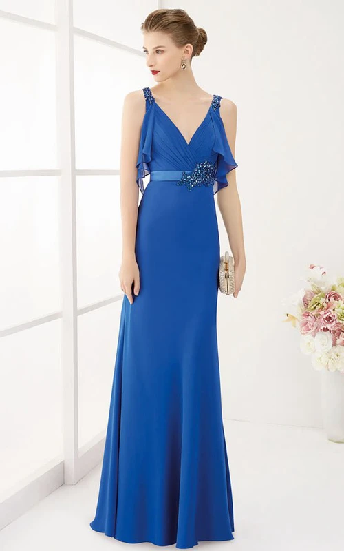 Langes Ballkleid im Empire-Stil mit V-Ausschnitt, Kristall-Satinschärpe und abnehmbarem Wickeloberteil