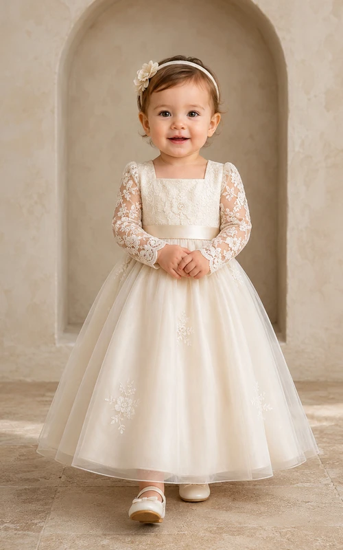 Champagne Embroidered Lace Sleeve Baby Baptism A-Line Bow Back Dress