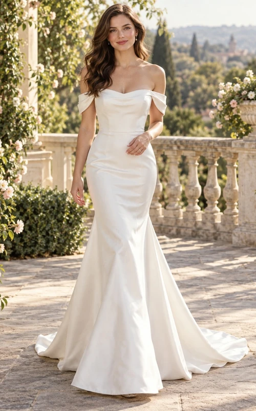 Vestido de novia largo ajustado de satén tejido con drapeado, hombros descubiertos y escote Bardot, estilo sirena.