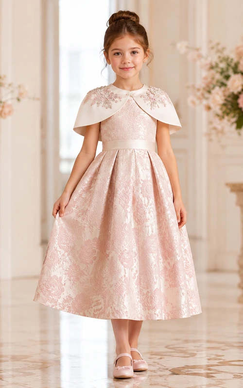 Capelet Satin A-Line Flower Girl Dress with Short Sleeves, Jewel Neck and Tea-Length Skirt