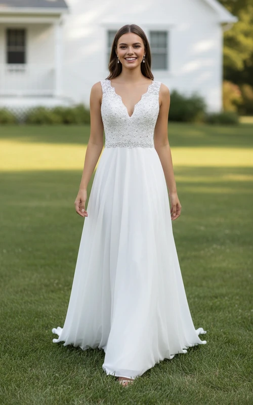 Sleeveless Beaded Bodice A-Line Bridal Gown with Flowy Chiffon Skirt
