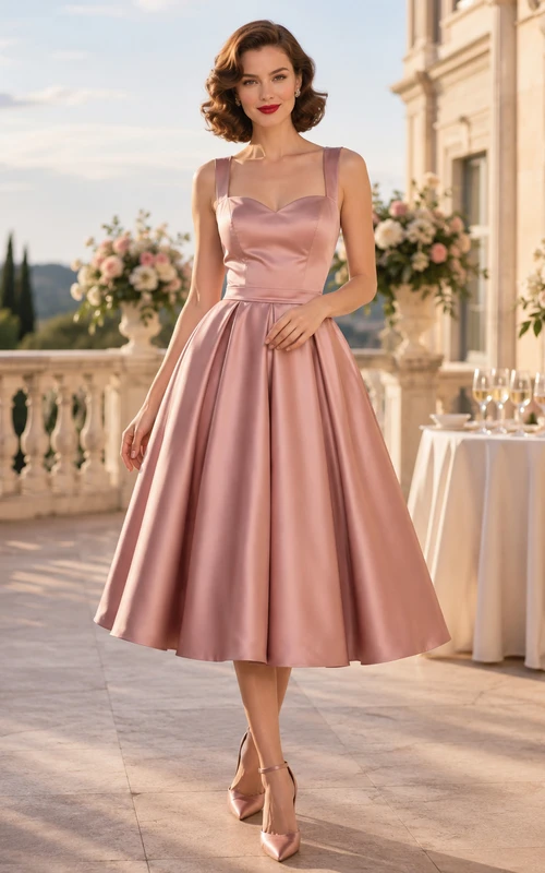 Rosafarbenes A-Linien-Cocktailkleid aus Satin mit Spaghettiträgern in Teelänge