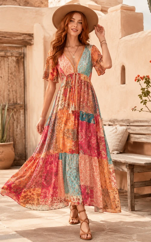 Robe longue à manches courtes et col en V, imprimé patchwork corail