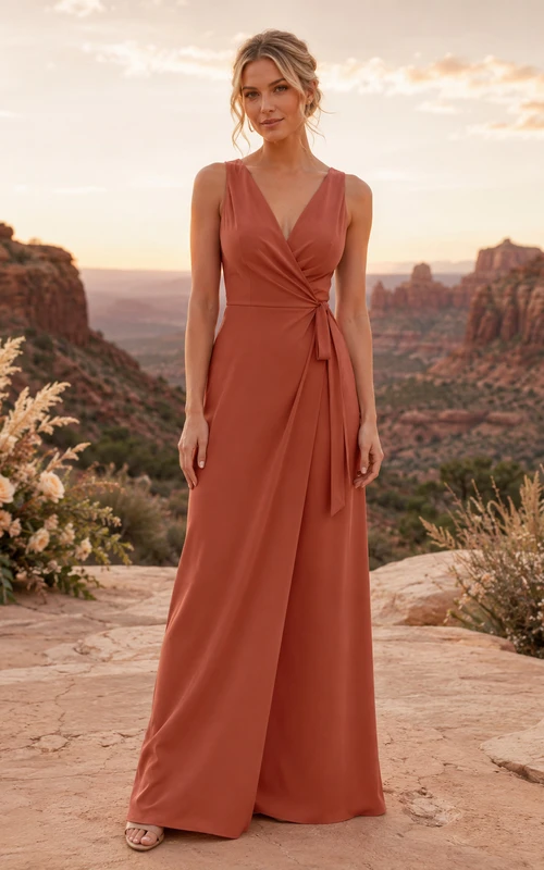 Terracotta sleeveless wrap chiffon floor length bridesmaid dress