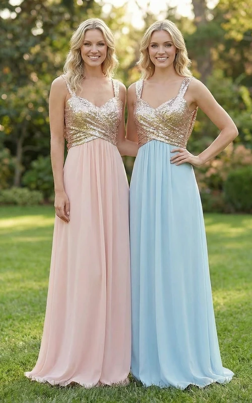 Pailletten- und Chiffon-Maxikleid mit Neckholder und V-Ausschnitt