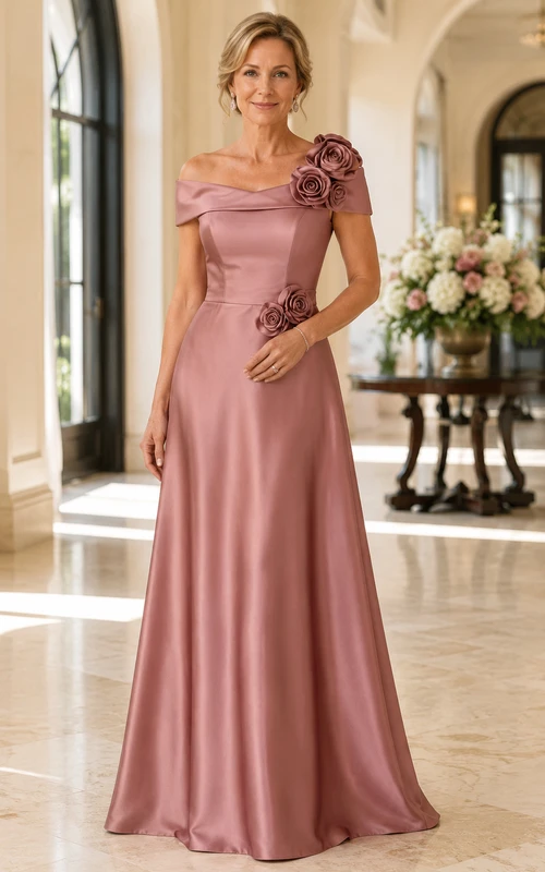 Altrosa schulterfreies Satin-Mutterkleid mit Blumenmuster