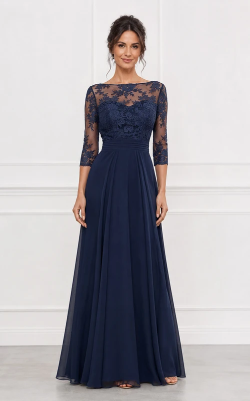 Robe de soirée en mousseline de soie à manches 3-4 et dentelle illusion