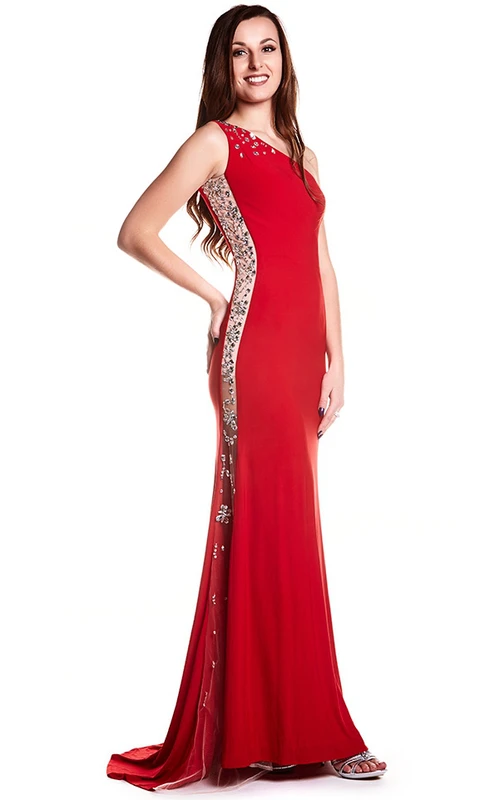 Robe de bal fourreau sans manches, longue jusqu'au sol, asymétrique à une épaule, en jersey orné de perles, avec dos nu en V et traîne.