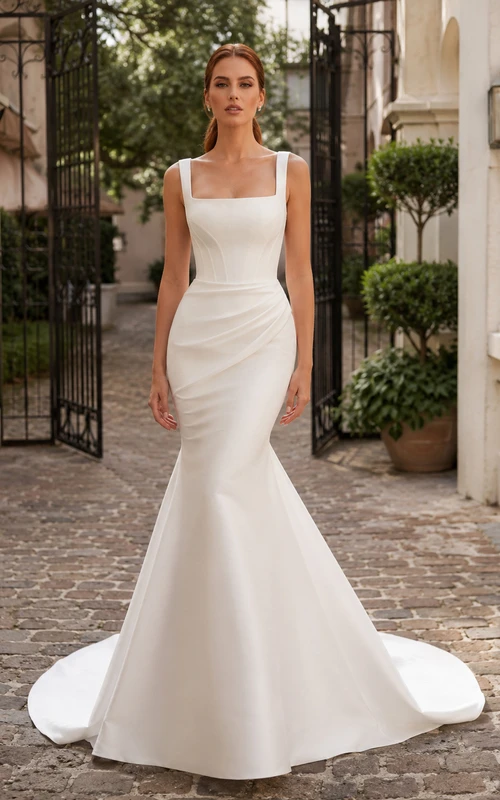 Robe de mariée sirène en crêpe à col carré simple, style domaine historique