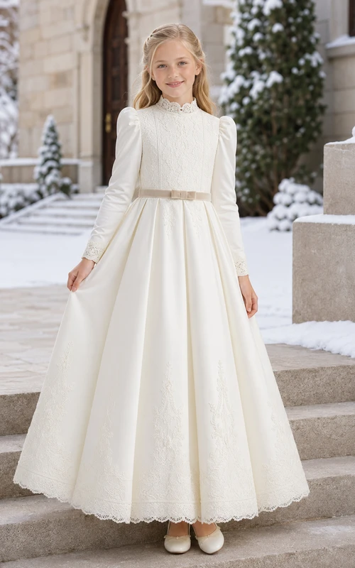 Robe de première communion vintage en satin et dentelle, col montant et manches bouffantes.