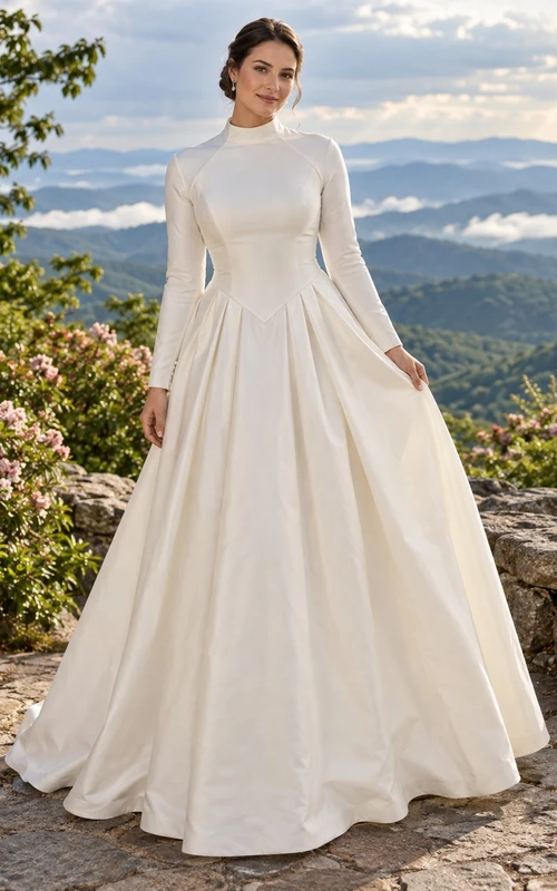 Vestido de novia sencillo de manga larga, cuello alto y tafetán liso hasta el suelo.