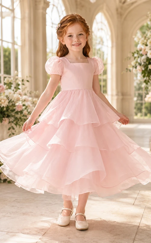 Robe de demoiselle d'honneur en organza rose poudré, coupe trapèze, manches courtes, col rond, jupe mi-longue, détails à volants