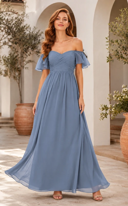 Steel Blue Resort Wedding Guest Dress A-Line Chiffon Off Shoulder Sleeveless Floor-Length Ruffle