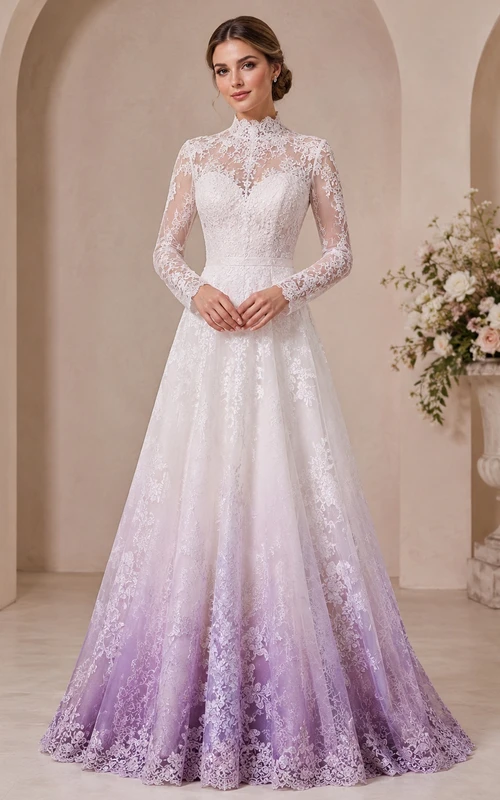 Lavendelfarbenes Ombré-Brautkleid in A-Linie aus Spitze mit hohem Kragen, langen Ärmeln und Kapellenschleppe, schlicht und elegant