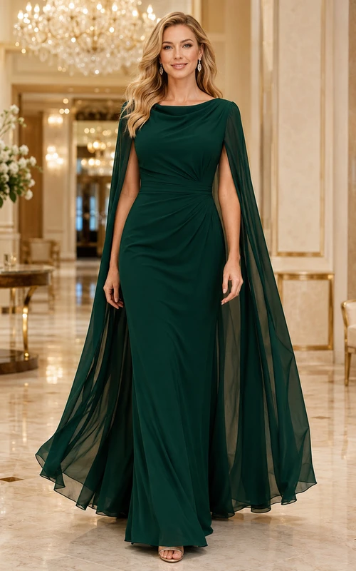 Vestido formal de gasa de corte A con mangas tipo capa, color verde oscuro