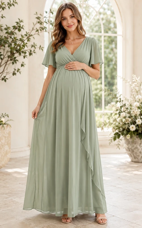 Maternity Sage Chiffon V-Neck Flutter Sleeve Empire A-Line Ankle-Length Garden Dress