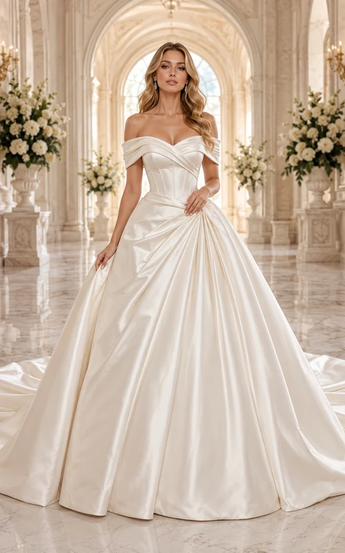Vestido de novia minimalista de satén, estilo princesa, con hombros descubiertos y cola larga.