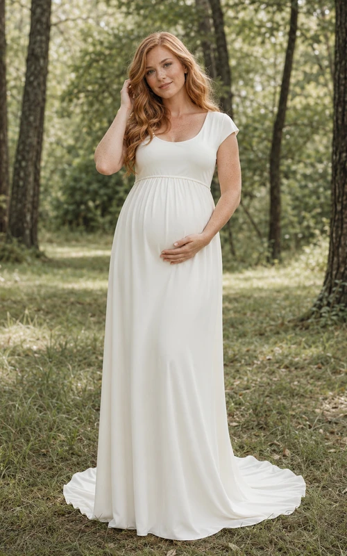 Vestido de novia sencillo de maternidad con escote redondo y mangas cortas, estilo bosque.
