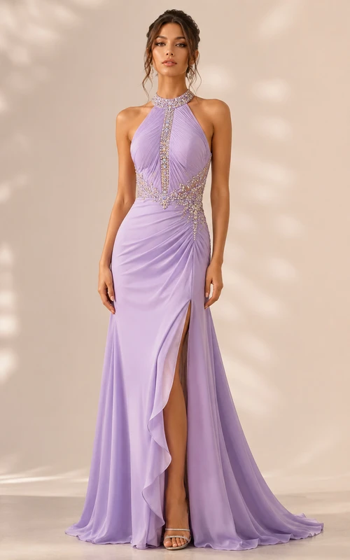 Vestido de noche ajustado con escote halter, sin mangas y abertura frontal con pedrería, largo hasta el suelo.