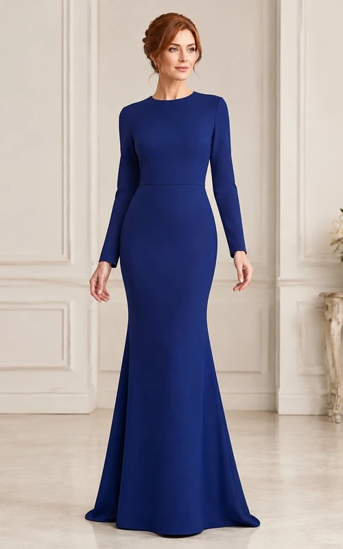 Royal Blue Jersey High-Neck Long-Sleeve Mermaid Floor-Length Formal Dress