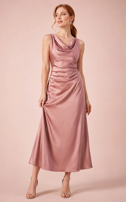 Dusty Rose Cowl Neck Satin Tea Occasion Dress